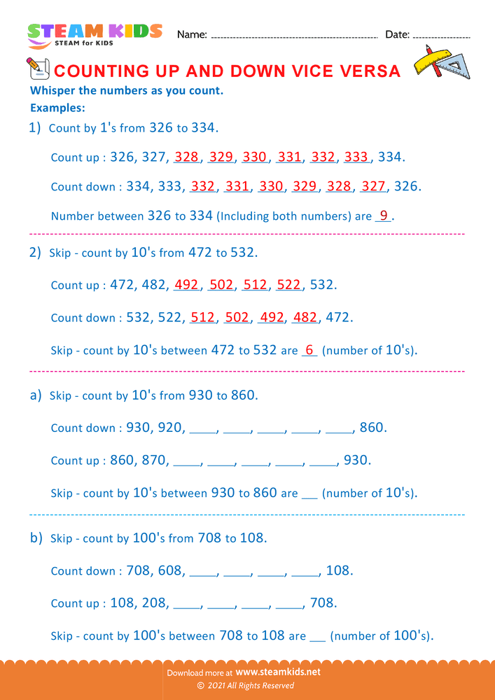 Free Math Worksheet - Count by Ones Tens and Hundreds - Worksheet 1