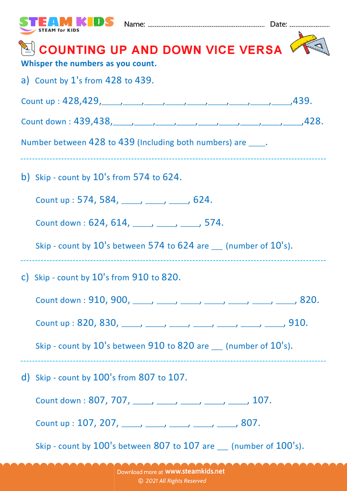 Free Math Worksheet - Count by Ones Tens and Hundreds - Worksheet 2