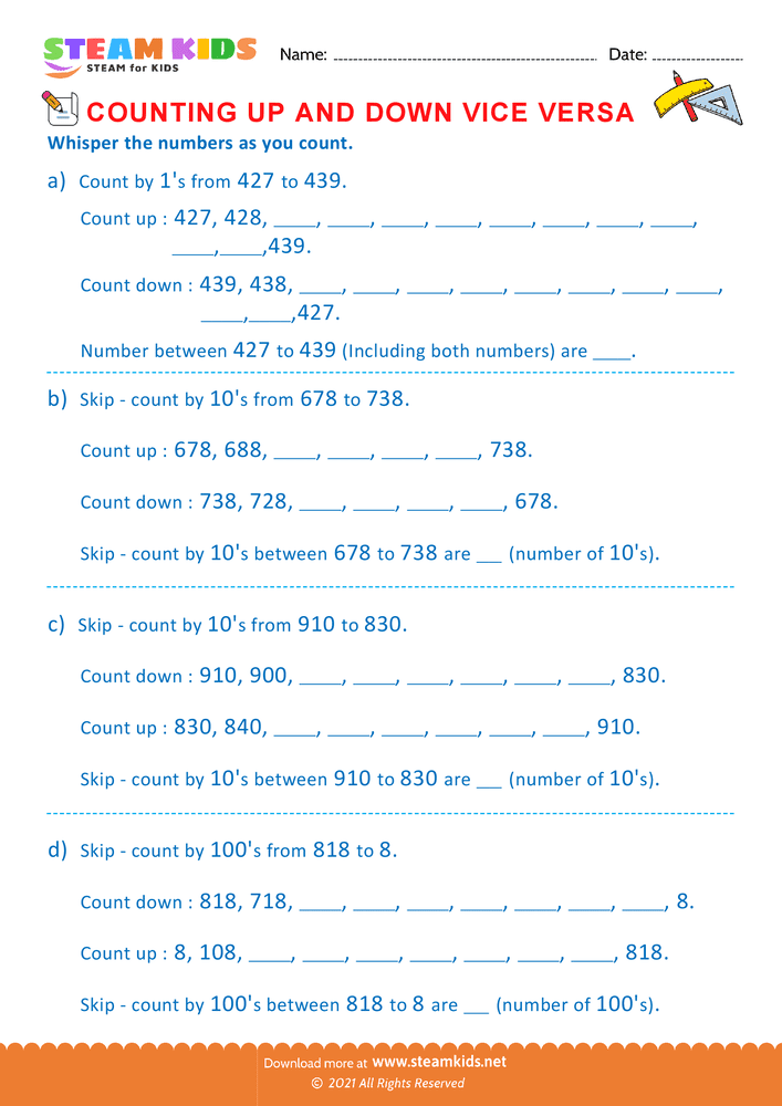 Free Math Worksheet - Count by Ones Tens and Hundreds - Worksheet 3