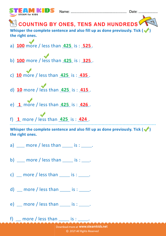 Free Math Worksheet - Count by Ones Tens and Hundreds - Worksheet 7