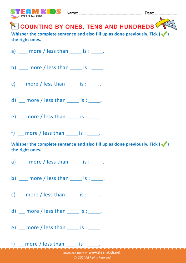 Free Math Worksheet - Count by Ones Tens and Hundreds - Worksheet 8