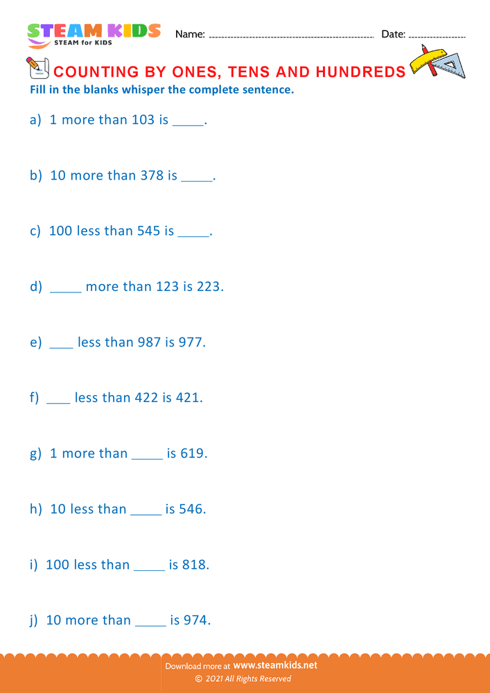 Free Math Worksheet - Count by Ones Tens and Hundreds - Worksheet 10