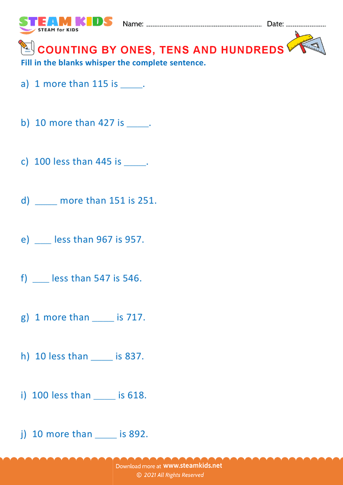 Free Math Worksheet - Count by Ones Tens and Hundreds - Worksheet 11