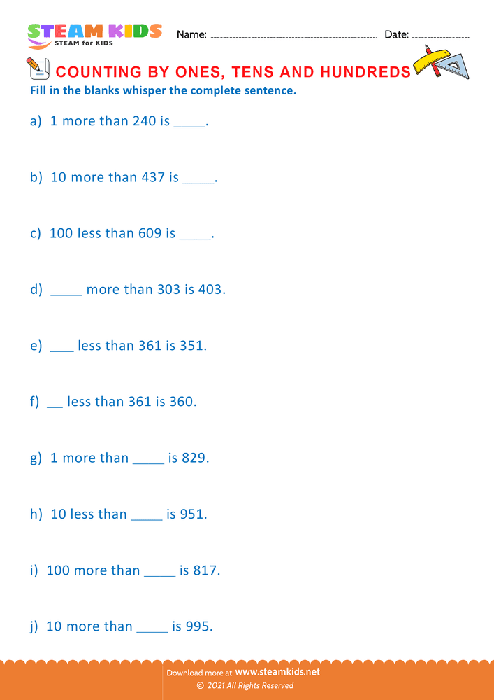 Free Math Worksheet - Count by Ones Tens and Hundreds - Worksheet 12