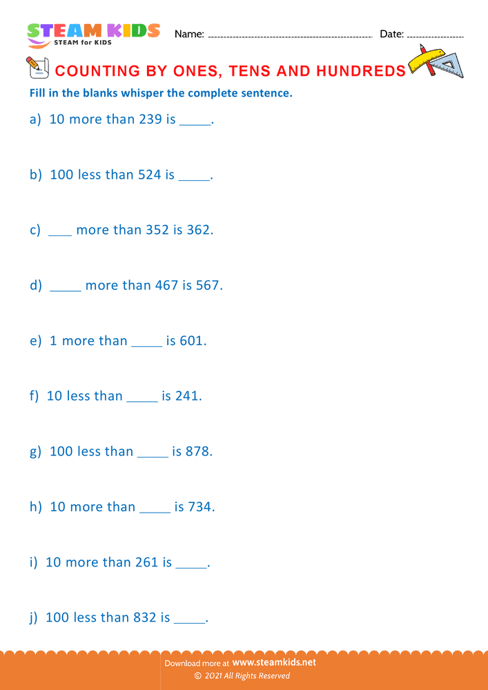 Free Math Worksheet - Count by Ones Tens and Hundreds - Worksheet 14