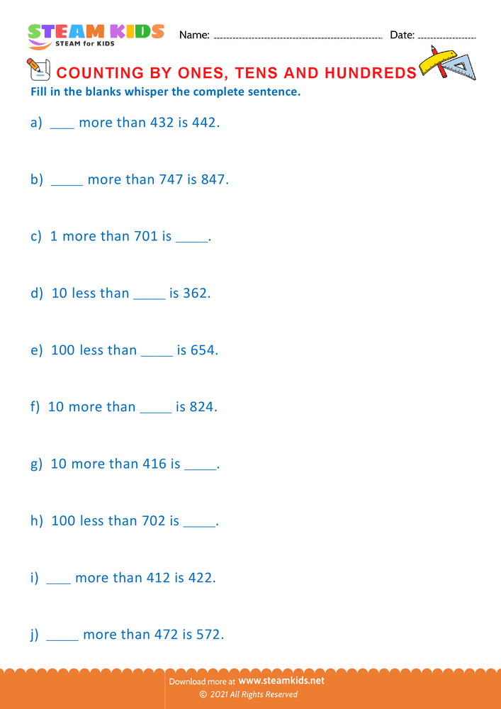 Free Math Worksheet - Count by Ones Tens and Hundreds - Worksheet 15