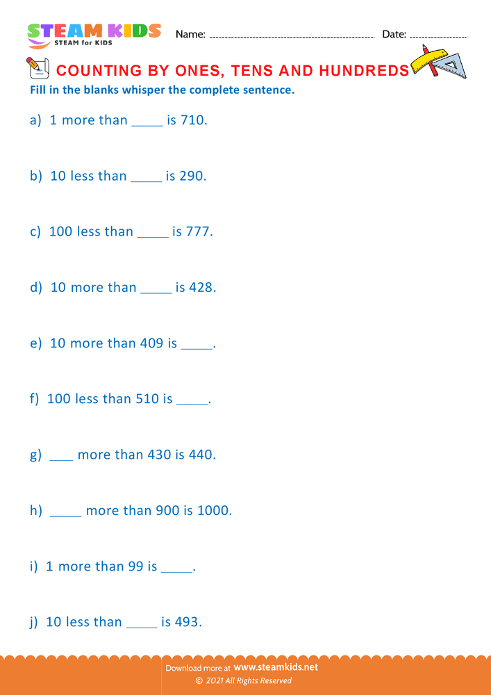 Free Math Worksheet - Count by Ones Tens and Hundreds - Worksheet 16