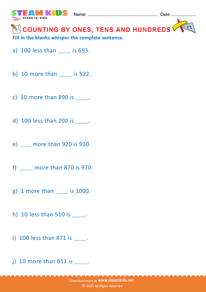 Free Math Worksheet - Count by Ones Tens and Hundreds - Worksheet 17