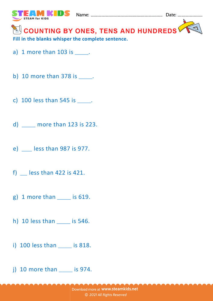 Free Math Worksheet - Count by Ones Tens and Hundreds - Worksheet 18