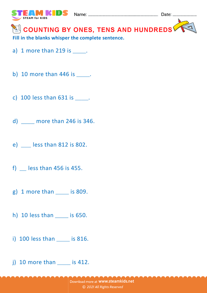 Free Math Worksheet - Count by Ones Tens and Hundreds - Worksheet 19