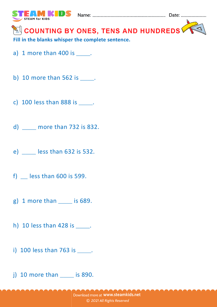 Free Math Worksheet - Count by Ones Tens and Hundreds - Worksheet 21