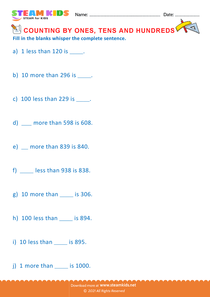 Free Math Worksheet - Count by Ones Tens and Hundreds - Worksheet 22