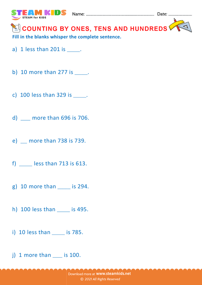 Free Math Worksheet - Count by Ones Tens and Hundreds - Worksheet 23