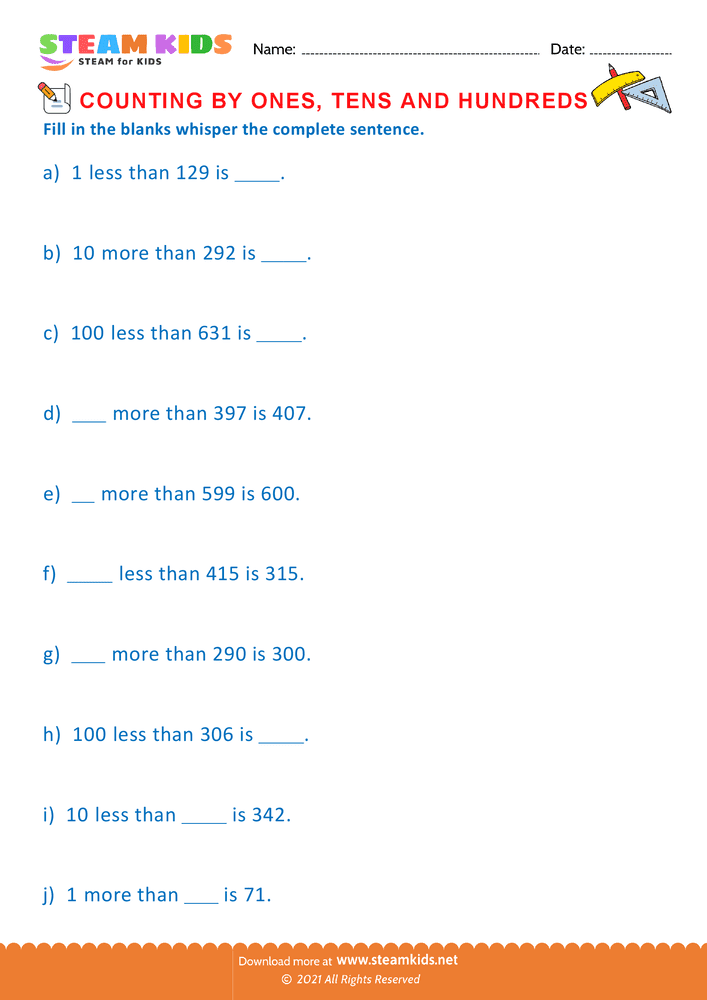 Free Math Worksheet - Count by Ones Tens and Hundreds - Worksheet 24