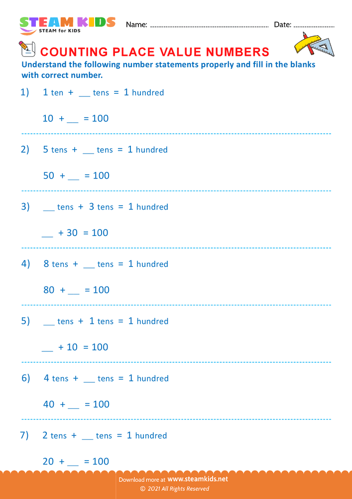 Free Math Worksheet - Counting Place Values - Worksheet 9
