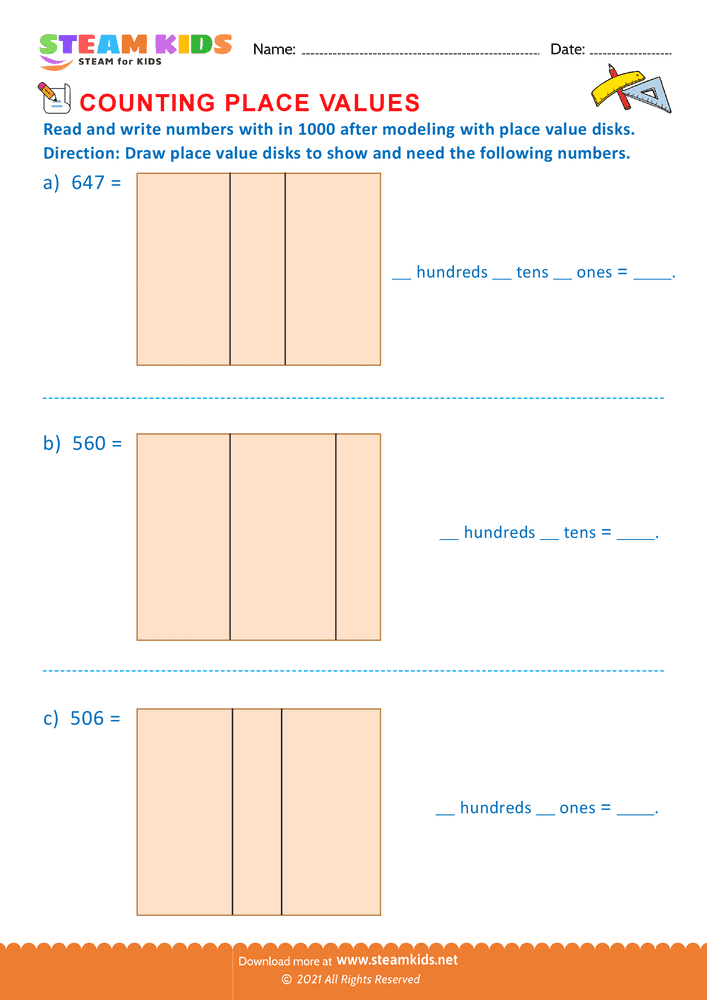 Free Math Worksheet - Counting Place Values - Worksheet 19