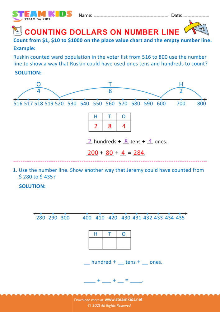Free Math Worksheet - Counting Dollars on Number line - Worksheet 1