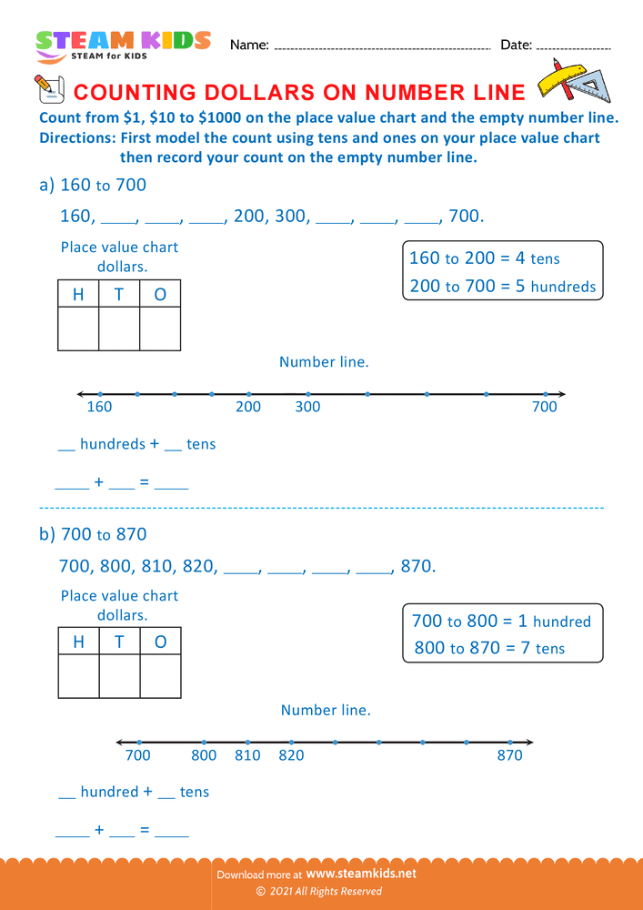Free Math Worksheet - Counting Dollars on Number line - Worksheet 3
