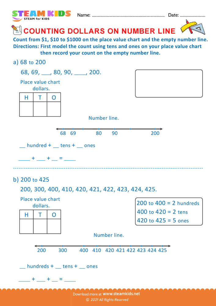 Free Math Worksheet - Counting Dollars on Number line - Worksheet 4