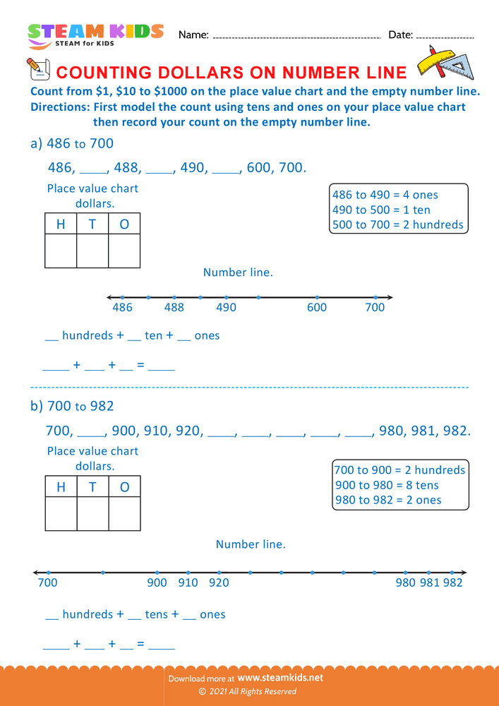Free Math Worksheet - Counting Dollars on Number line - Worksheet 5