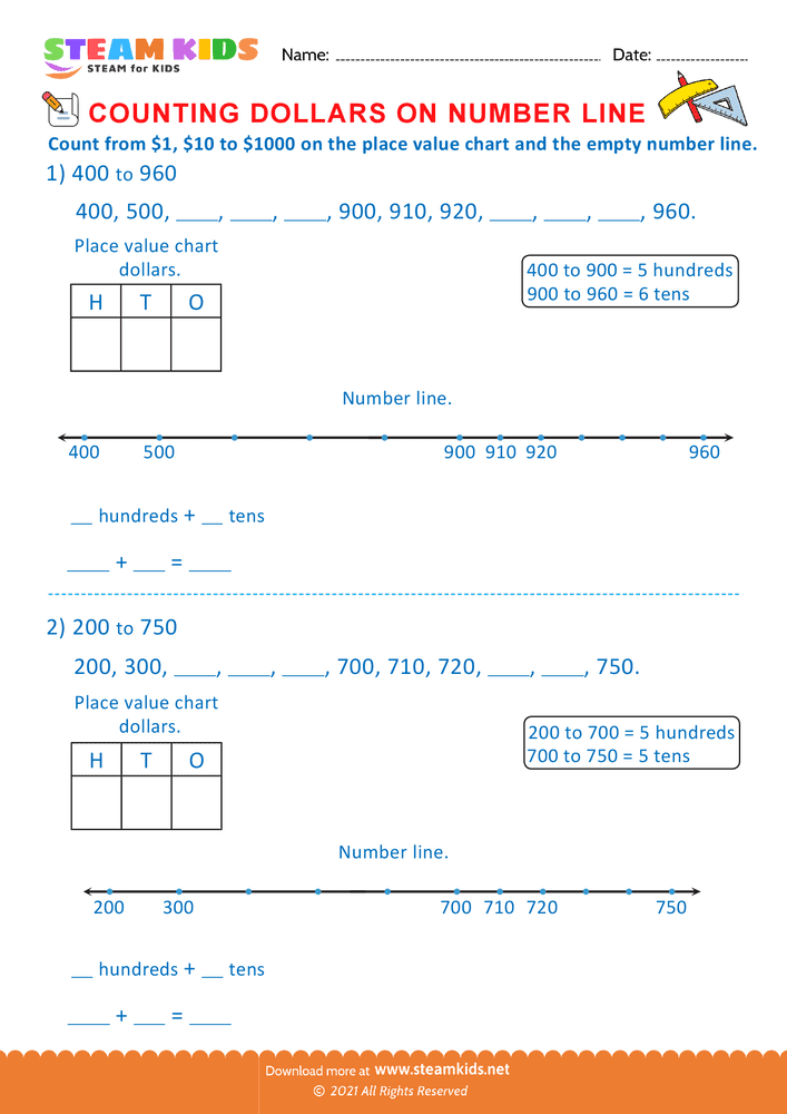 Free Math Worksheet - Counting Dollars on Number line - Worksheet 7