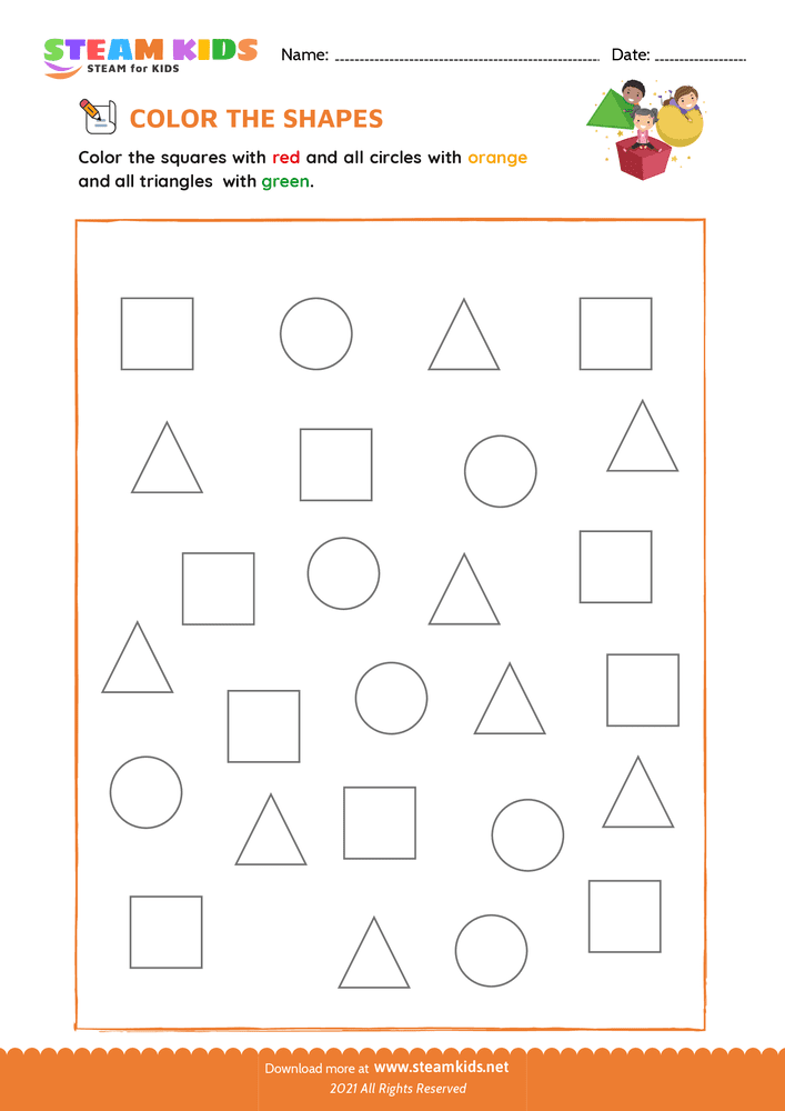 Free Math Worksheet - Color the Shapes - Worksheet 1