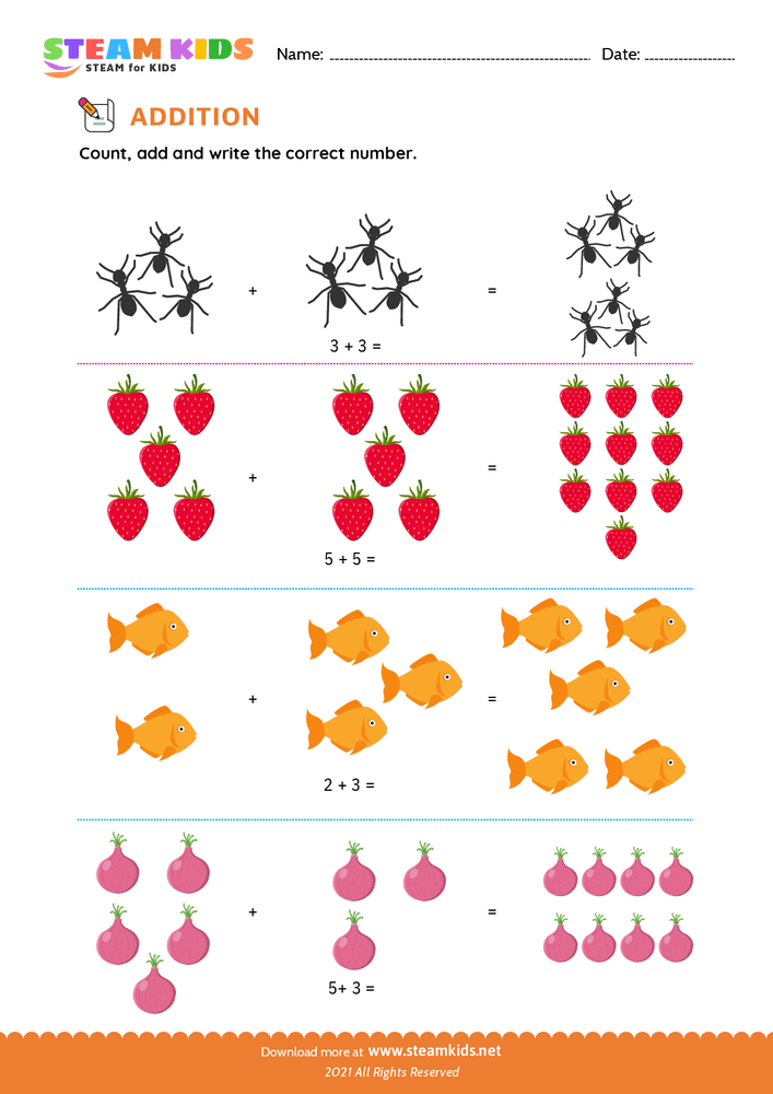 Free Math Worksheet - Count Add and Write - Worksheet 1