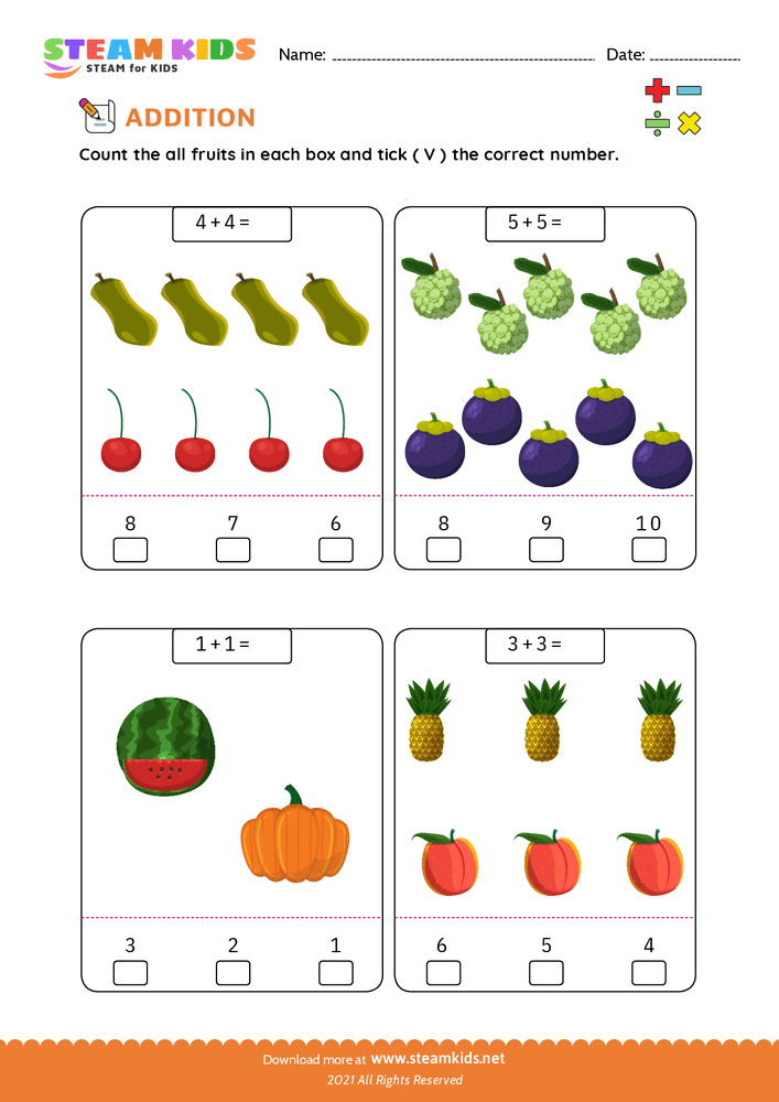 Free Math Worksheet - Count Add and Write - Worksheet 6