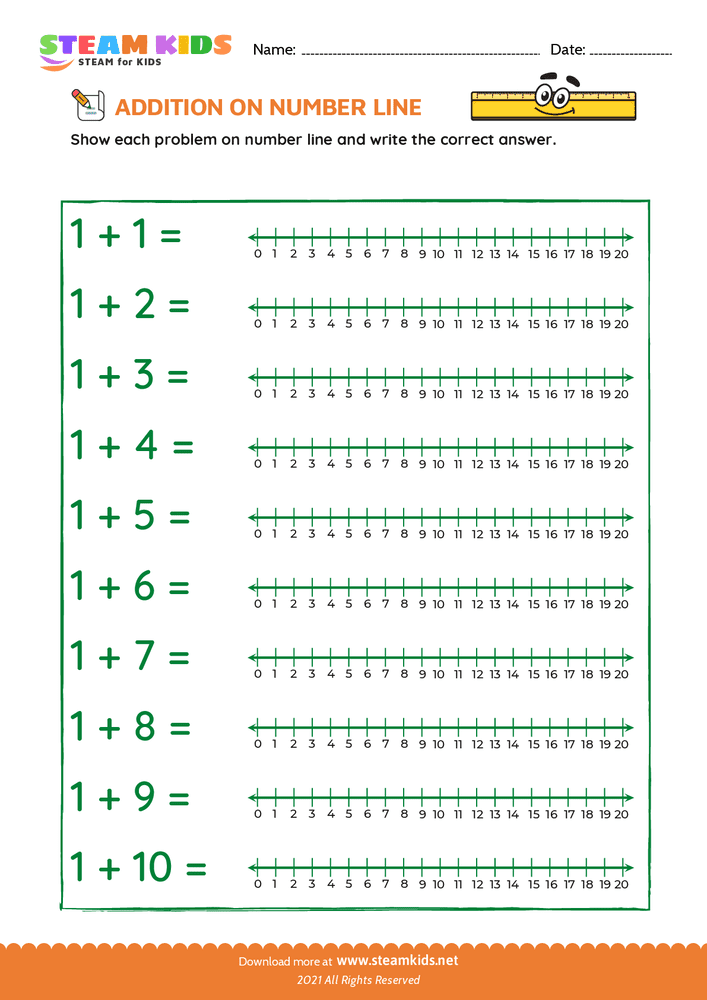 Free Math Worksheet - Addition on number line - Worksheet 1