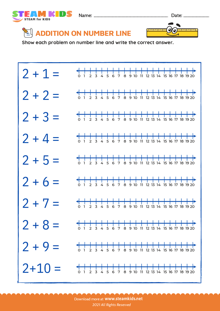 Free Math Worksheet - Addition on number line - Worksheet 2