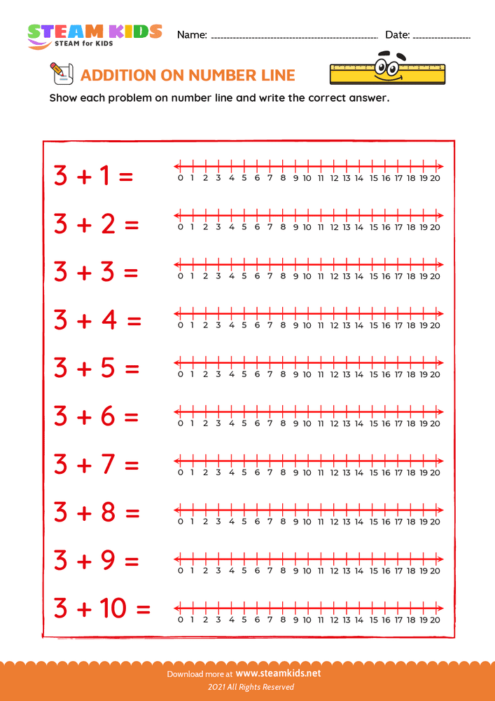 Free Math Worksheet - Addition on number line - Worksheet 3