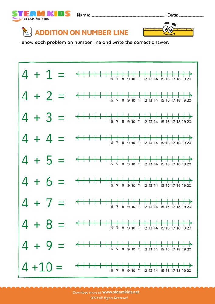 Free Math Worksheet - Addition on number line - Worksheet 4