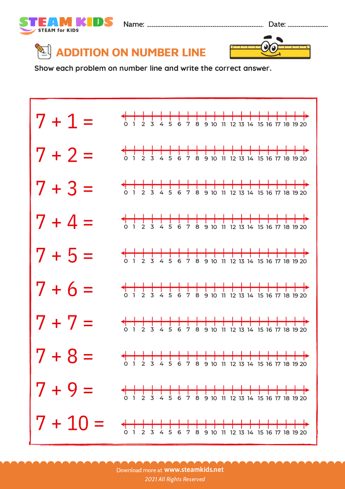 Free Math Worksheet - Addition on number line - Worksheet 7