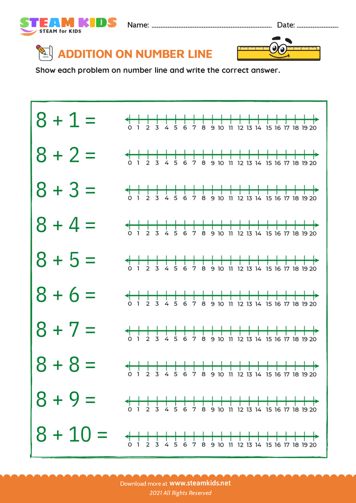 Free Math Worksheet - Addition on number line - Worksheet 8