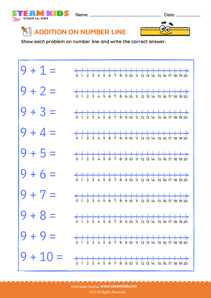 Free Math Worksheet - Addition on number line - Worksheet 9