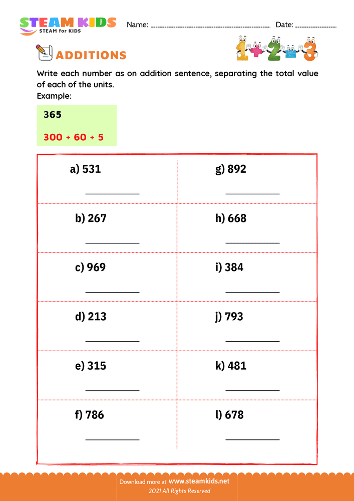 Free Math Worksheet - Number separation - Worksheet 1