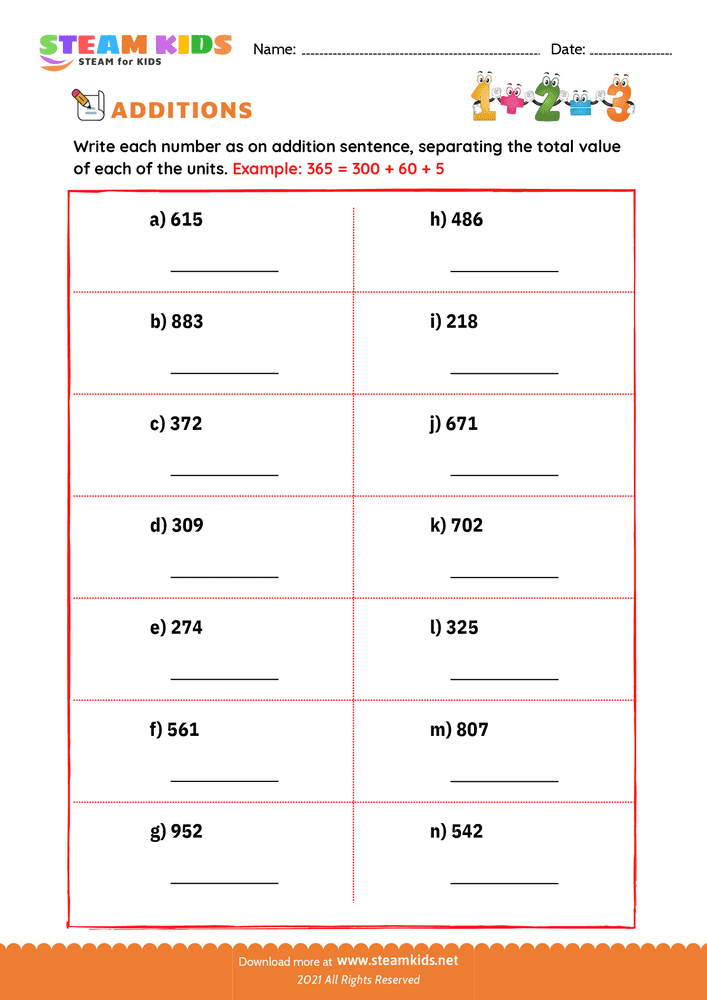 Free Math Worksheet - Number separation - Worksheet 2