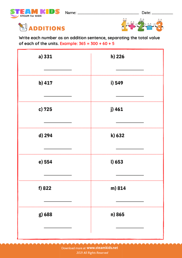 Free Math Worksheet - Number separation - Worksheet 4