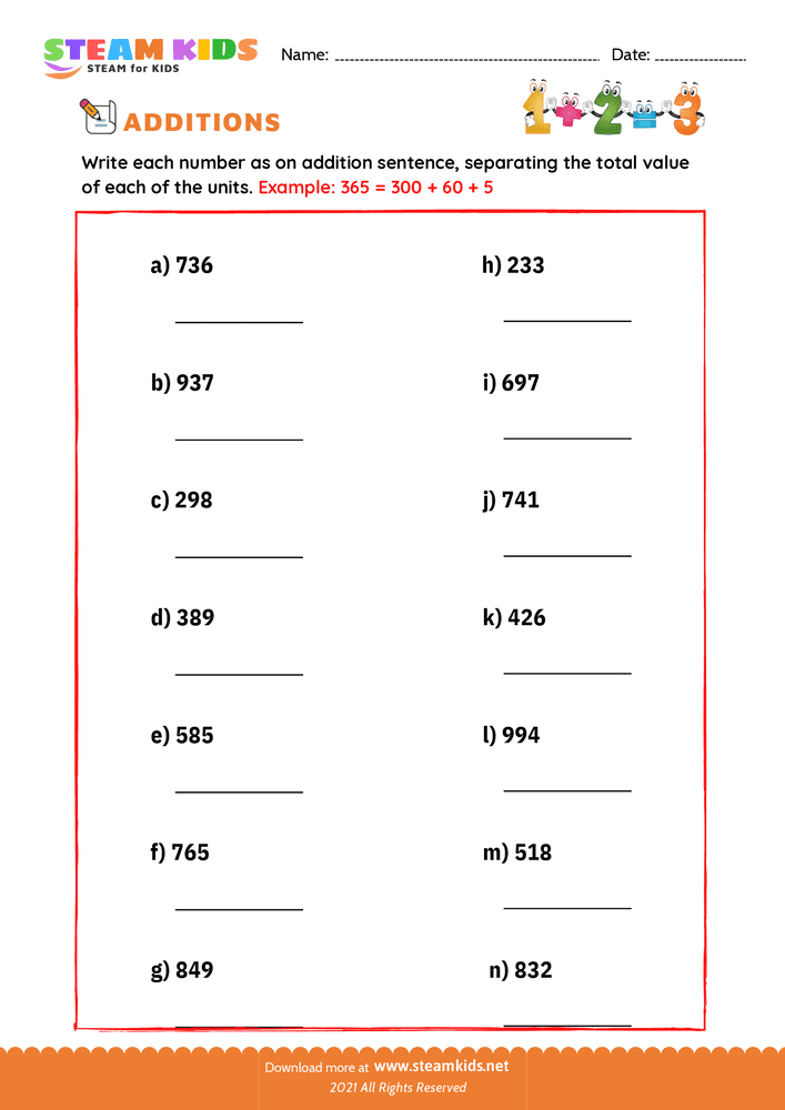 Free Math Worksheet - Number separation - Worksheet 5