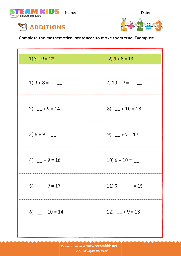 Free Math Worksheet - Add number upto 20 - Worksheet 1