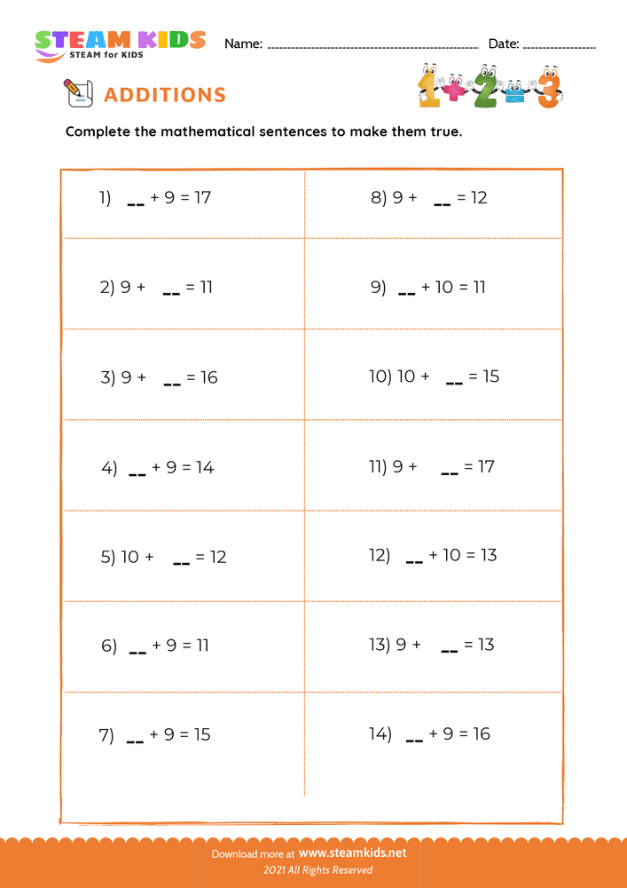 Free Math Worksheet - Add number upto 20 - Worksheet 2