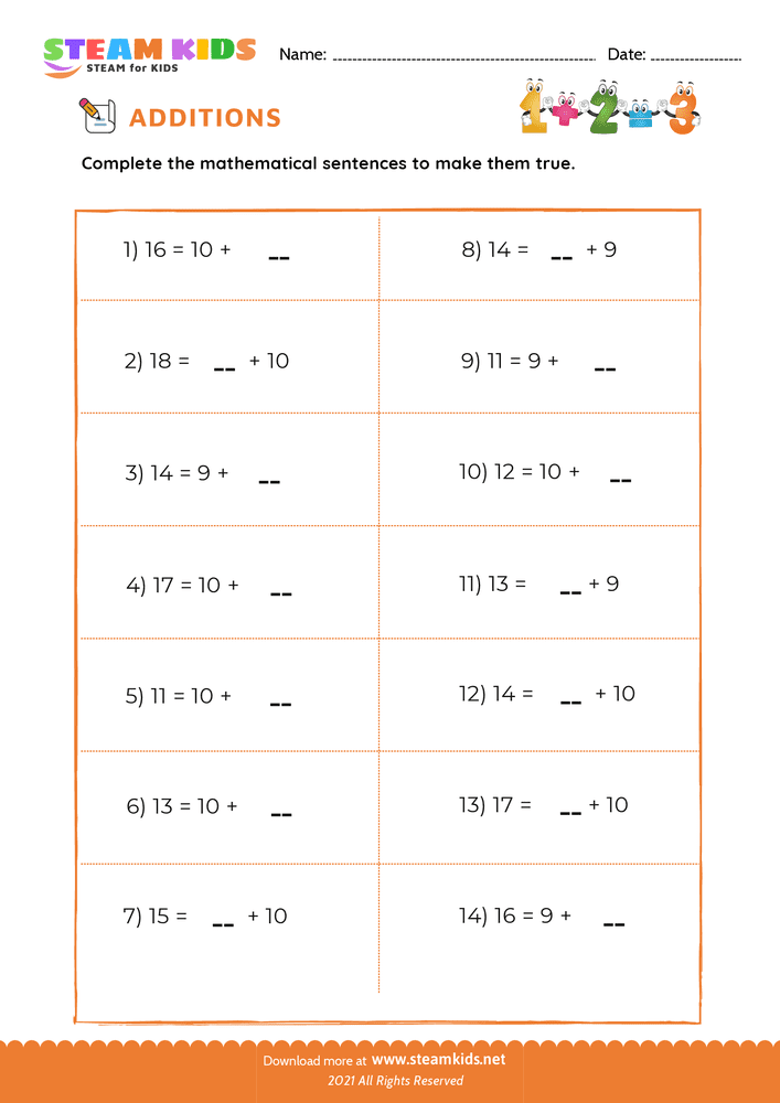 Free Math Worksheet - Add number upto 20 - Worksheet 3