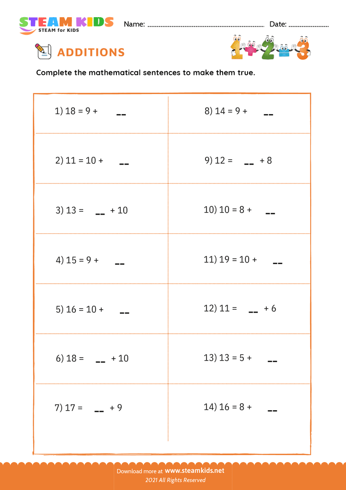 Free Math Worksheet - Add number upto 20 - Worksheet 4
