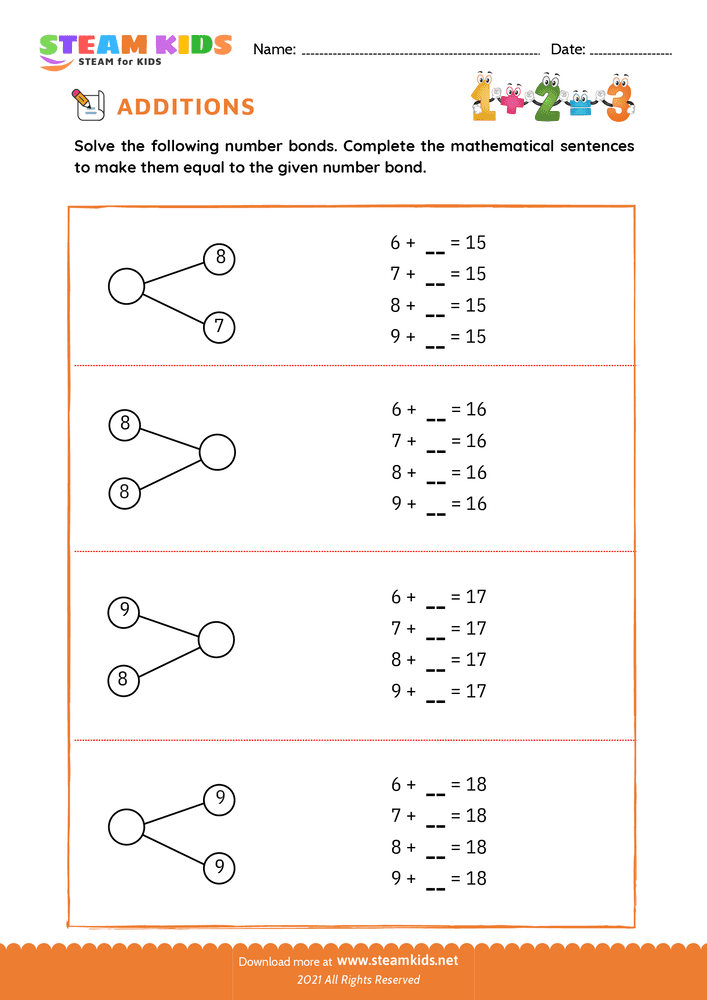 Free Math Worksheet - Add number upto 20 - Worksheet 6