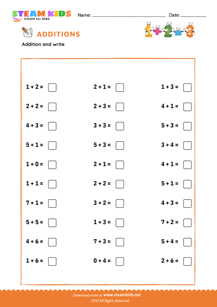 Free Math Worksheet - Addition facts - Worksheet 1