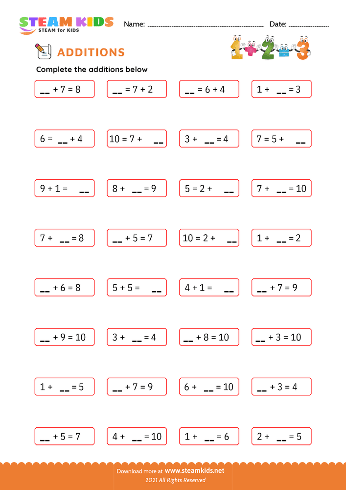 Free Math Worksheet - Addition facts - Worksheet 5