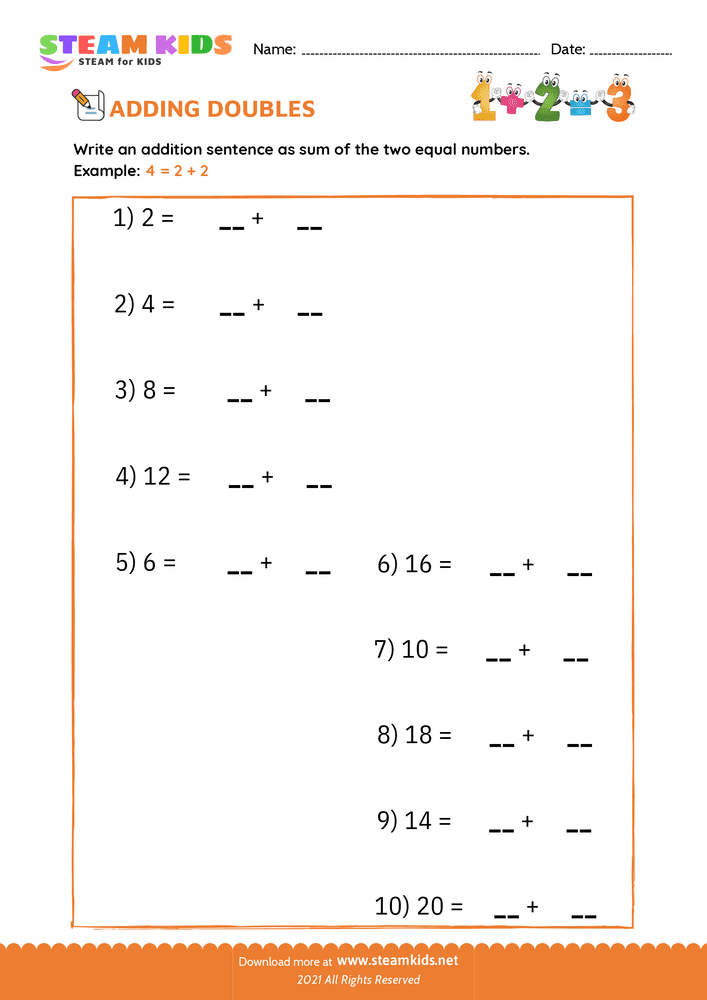 Free Math Worksheet - Adding doubles - Worksheet 2