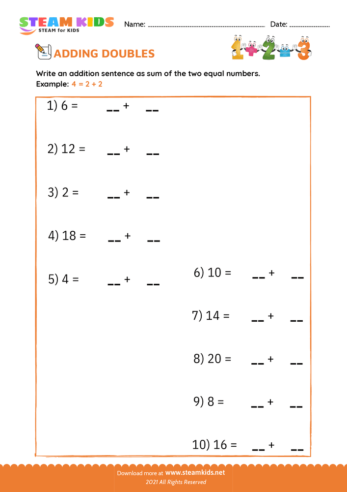 Free Math Worksheet - Adding doubles - Worksheet 3
