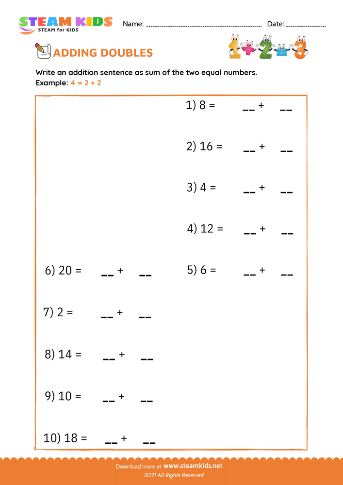 Free Math Worksheet - Adding doubles - Worksheet 4