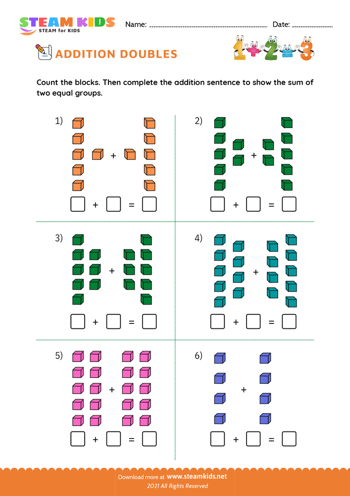 Free Math Worksheet - Adding doubles - Worksheet 6